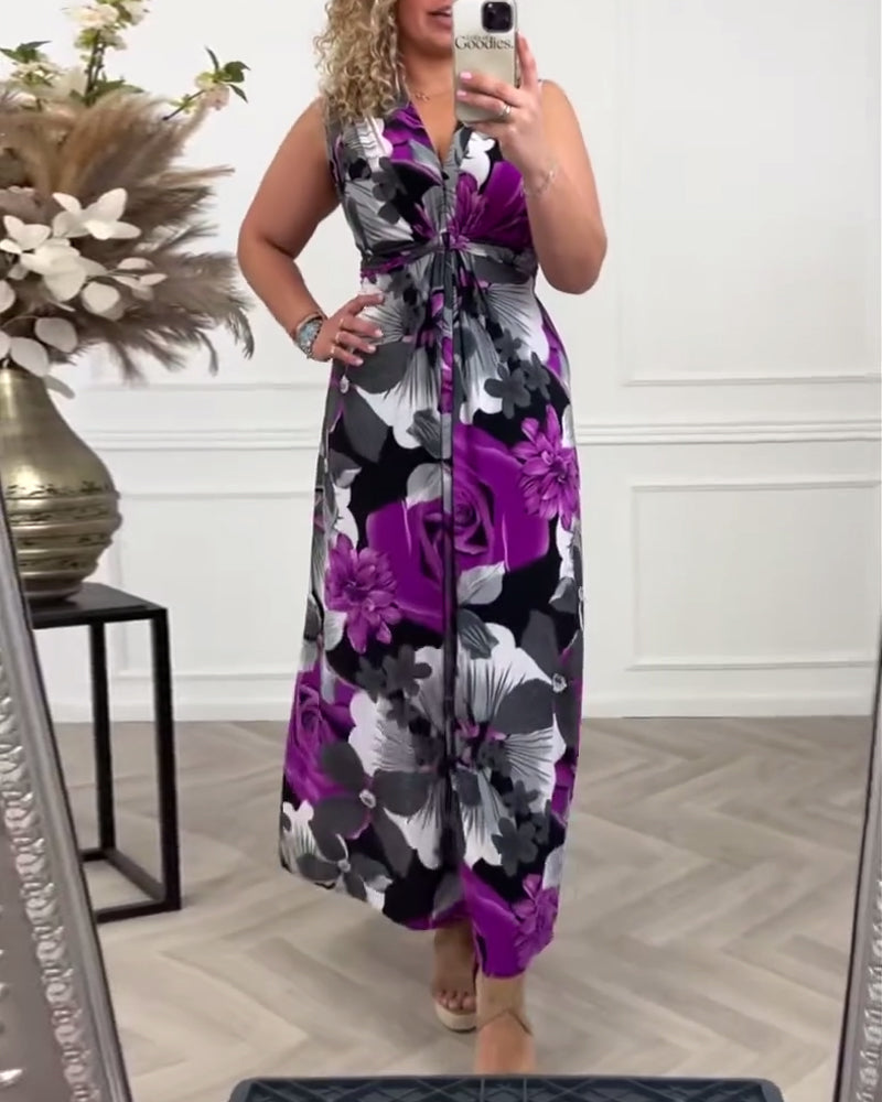 💗Vestido plisado con estampado floral elegante sin mangas.