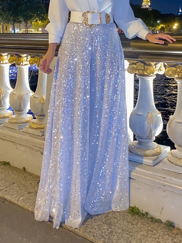 ✨Elegantna bluza z dolgimi rokavi in V-izrezom ter široke hlače z bleščicami.