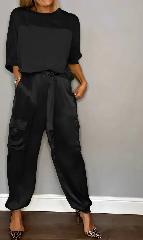 Blusa de satén liso con media manga y pantalon