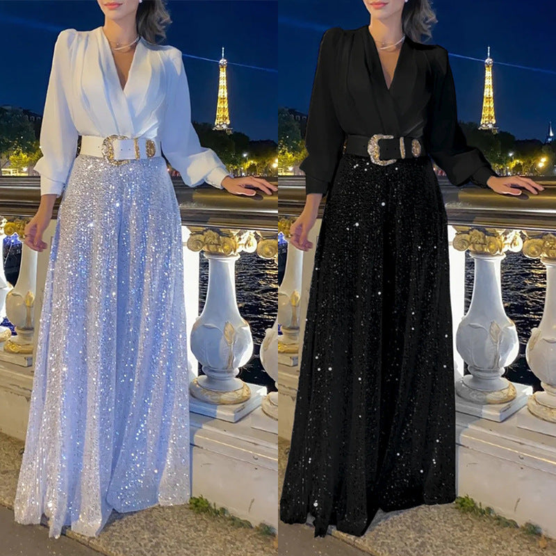 ✨Elegantna bluza z dolgimi rokavi in V-izrezom ter široke hlače z bleščicami.