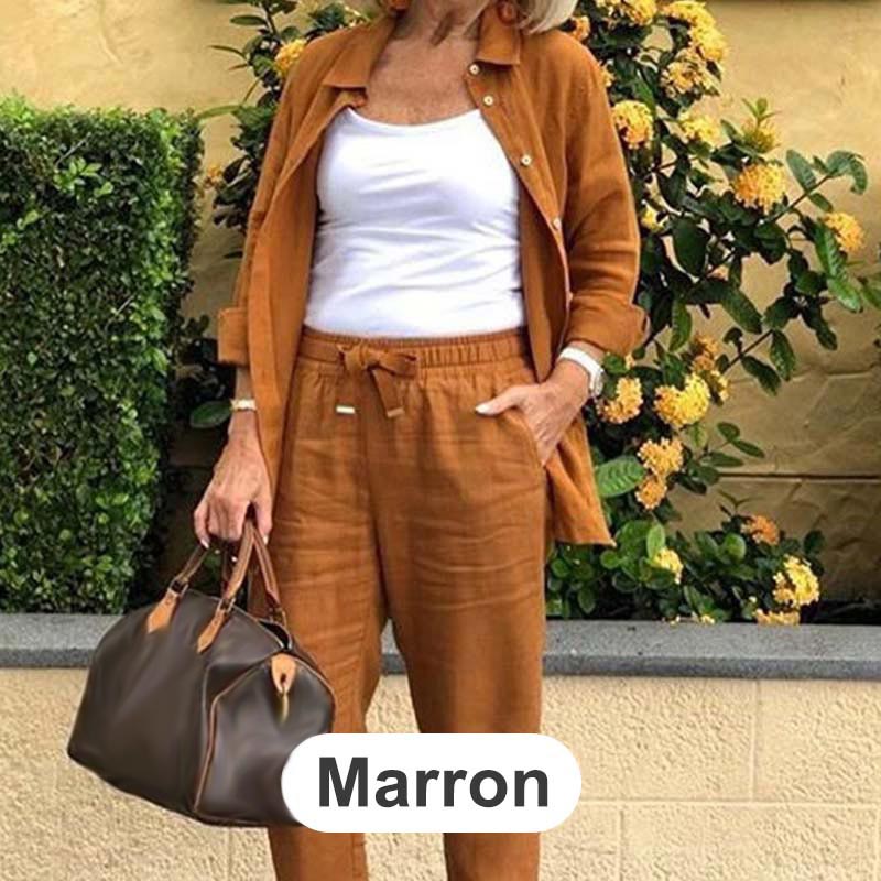 Blusa y pantalones de manga larga de lino y algodón para mujer