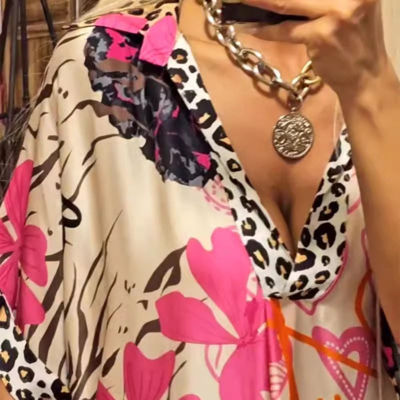 Vestido estampado de manga corta con cuello en V profundo para mujer-SP