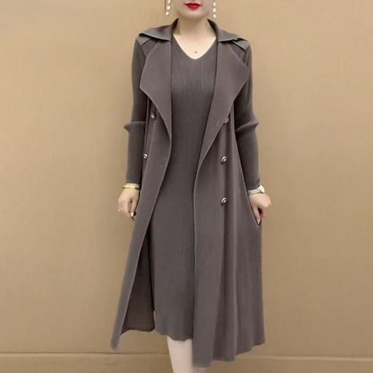 Μόδα πλισέ κοστούμι Faux kolaro two piece Trench παλτό-GR