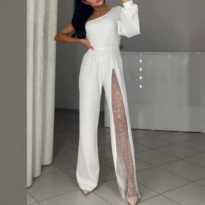 Γυναικεία Ο ένας ώμος Sparkly Mesh Flared Jumpsuits💥προσφορά περιορισμένου χρόνου-GR